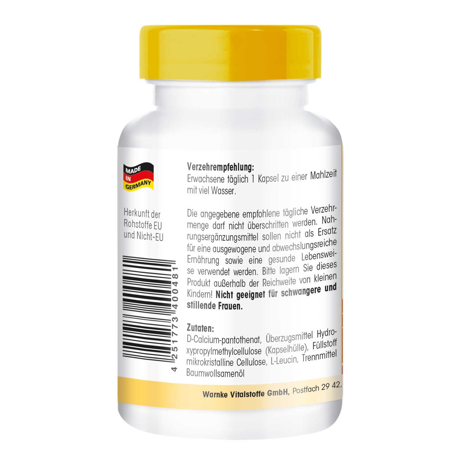 Rückseite der weißen Flasche mit gelbem Deckel. Text: Verzehrempfehlung, Zutaten, Warnke Vitalstoffe GmbH, Made in Germany.