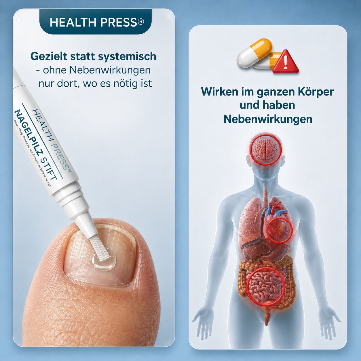 Zwei Bildhälften. Links: Stift mit Pinselspitze. Rechts: menschlicher Körper mit Organen. Text: Health Press Nagelpilz Stift.
