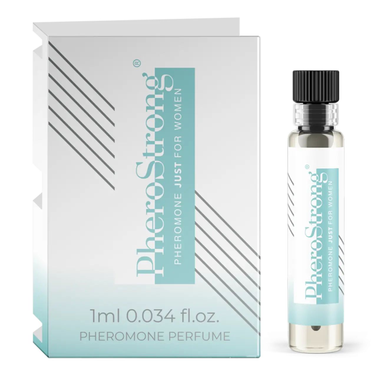 Flakon und Verpackung von PheroStrong. Flakon mit schwarzem Verschluss, Verpackung mit Produktnamen und Text.