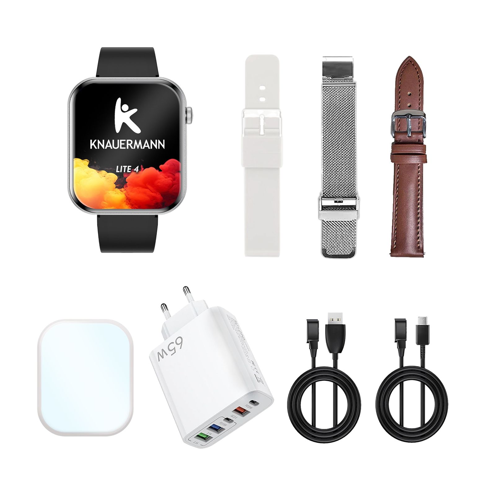 Knauermann Lite 4 Smartwatch mit schwarzem Armband, Ladekabel, Netzteil und zusätzlichen Armbändern in Weiß und Braun.