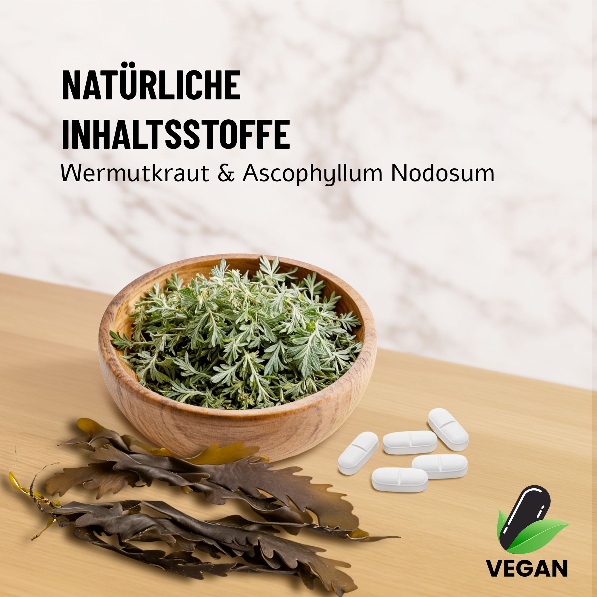 Natürliche Inhaltsstoffe: Wurmkraut und Ascophyllum Nodosum. FLOXIL Tabletten. Vegan.