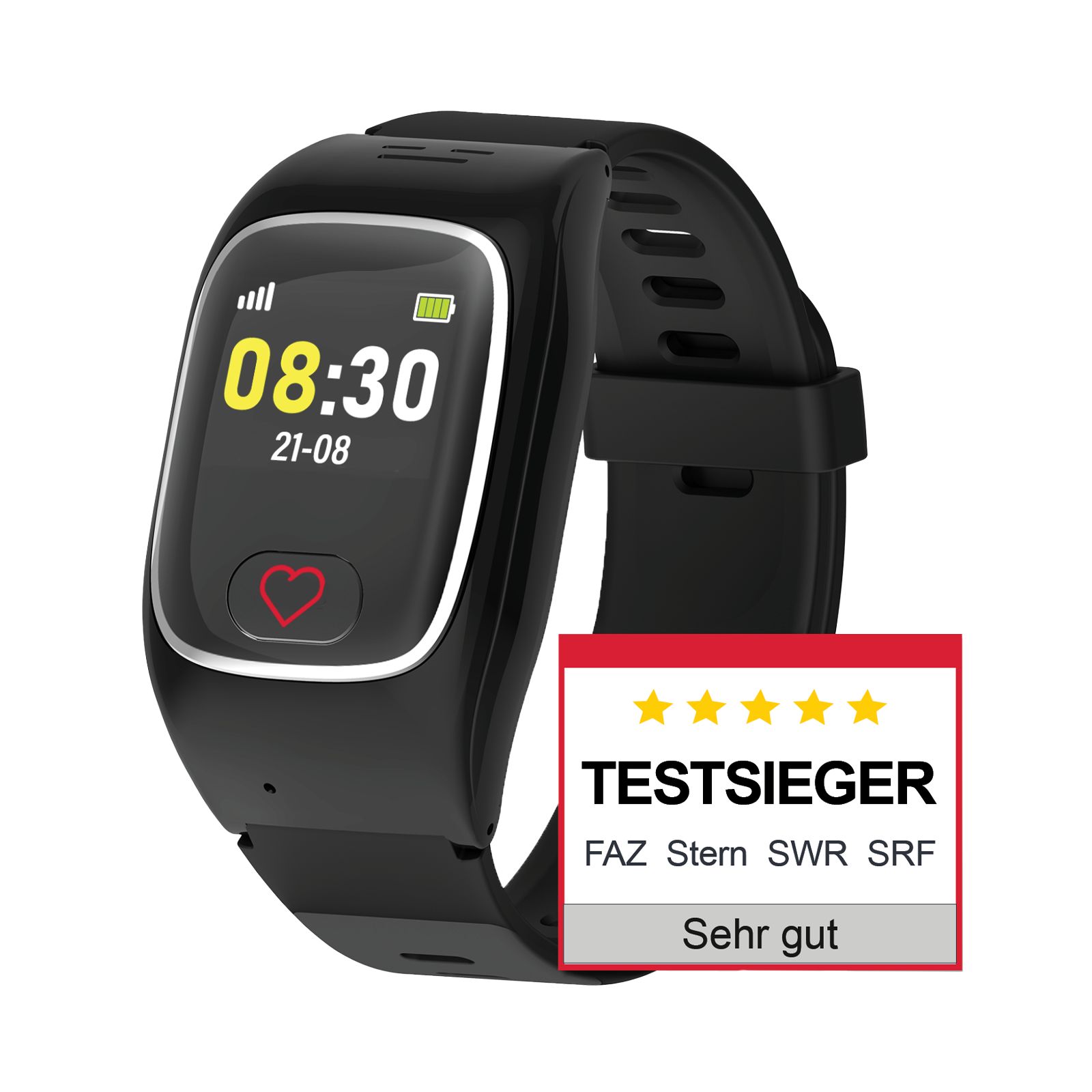 Schwarze Smartwatch mit digitaler Anzeige. Zeigt Uhrzeit, Datum und Herzsymbol. TestSieger-Auszeichnung.