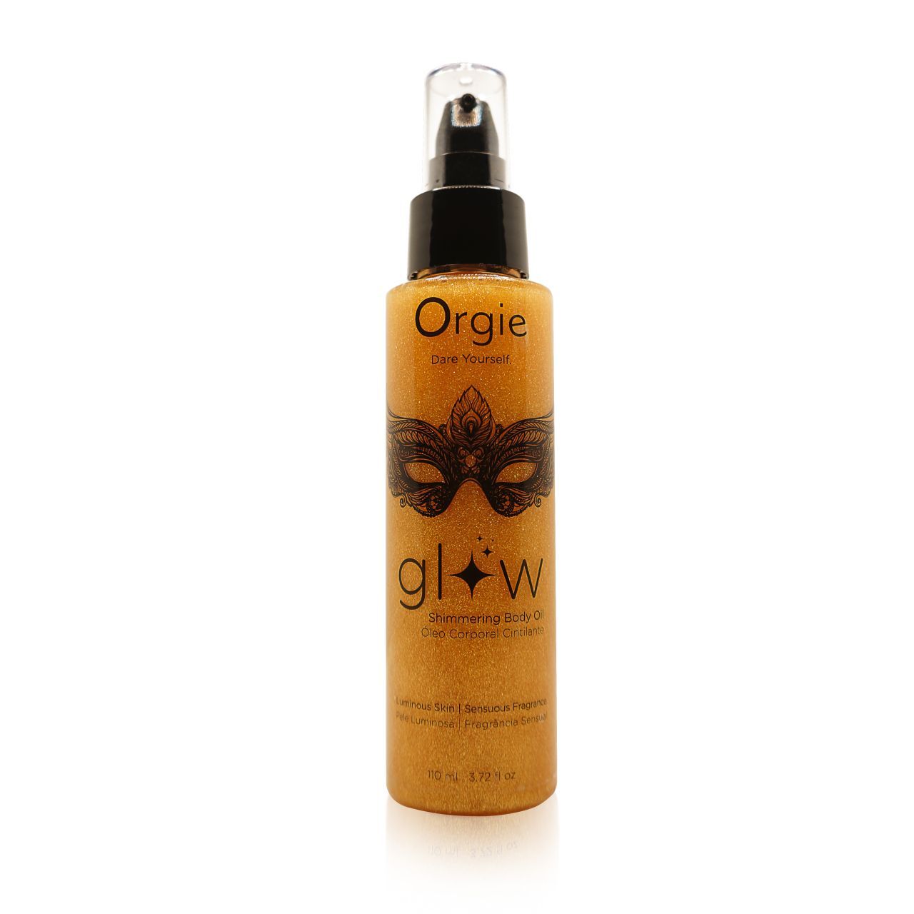 Körperöl-Flasche mit Pumpverschluss. Aufschrift "Orgie" und "glow". Masken-Design. Goldfarbene Flüssigkeit. Text: "Shimmering Body Oil".