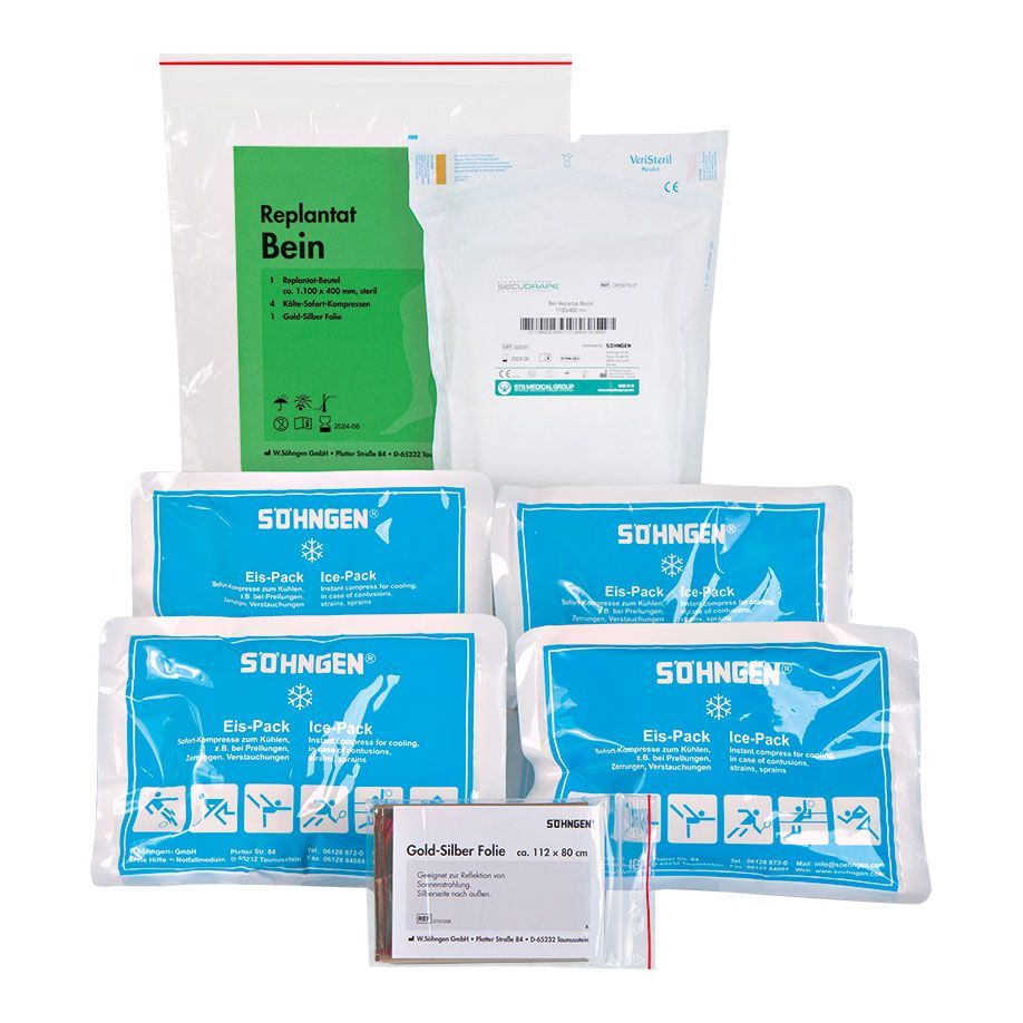 Söhngen Replantat-Notfallset Bein mit vier Eis-Packs, Kompresse und Gold-Silber-Folie.