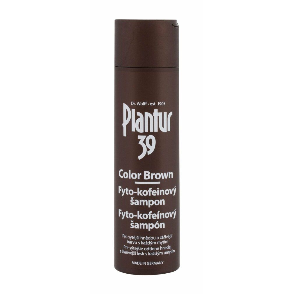 Braune Shampoo-Flasche. Aufschrift: Plantur 39 Color Brown. Enthält Fyto-kofeinový šampon. Hergestellt in Deutschland.