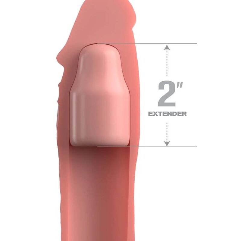 Nahaufnahme einer Penis-Verlängerung mit einem 2-Zoll-Extender. Die Größe des Expanders ist durch eine Beschriftung angegeben.