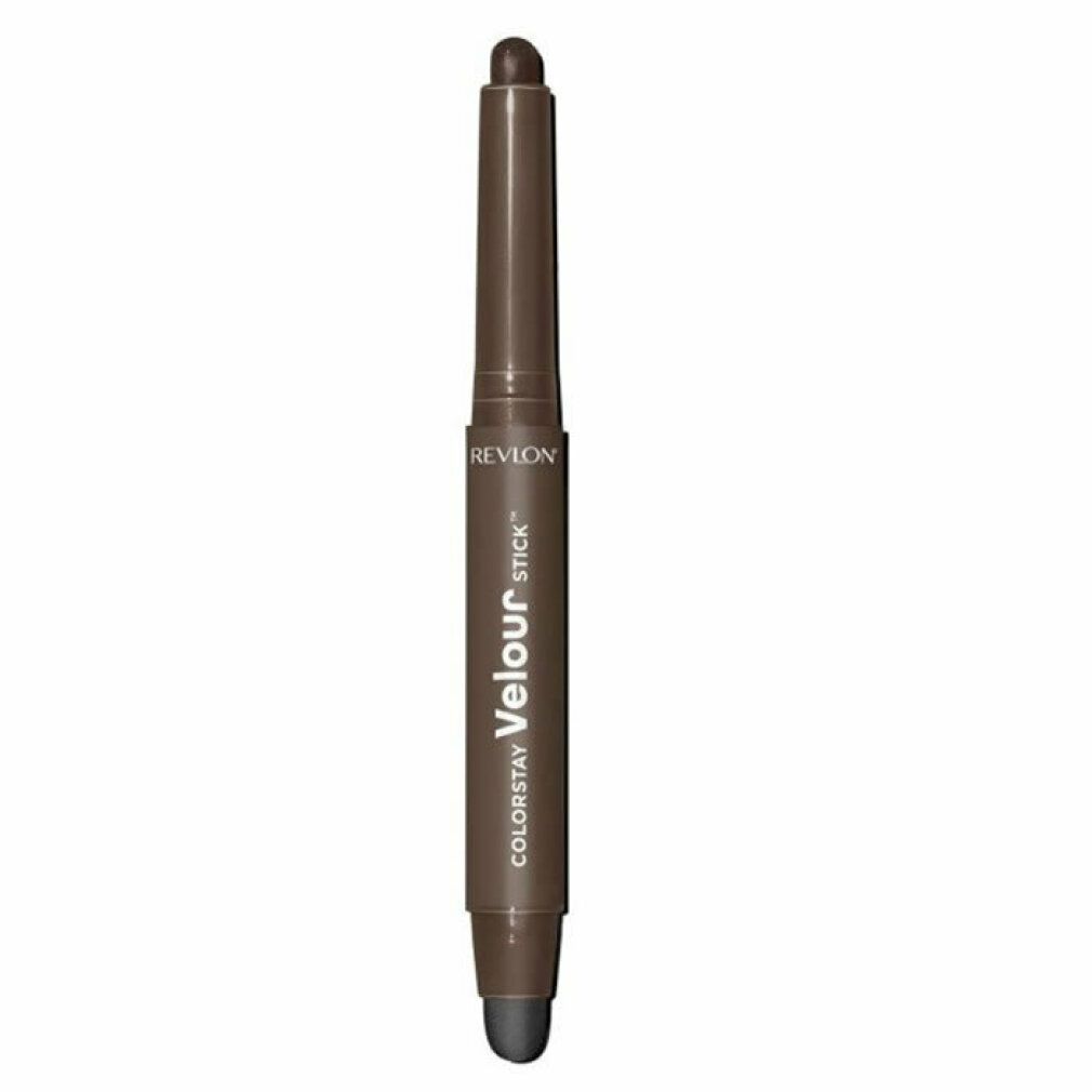 Brauner Revlon ColorStay Velour Stick Lidschatten Matt. Zylindrische Form, dunkle Farbe. Mit schwarzer Spitze. Revlon-Logo sichtbar.