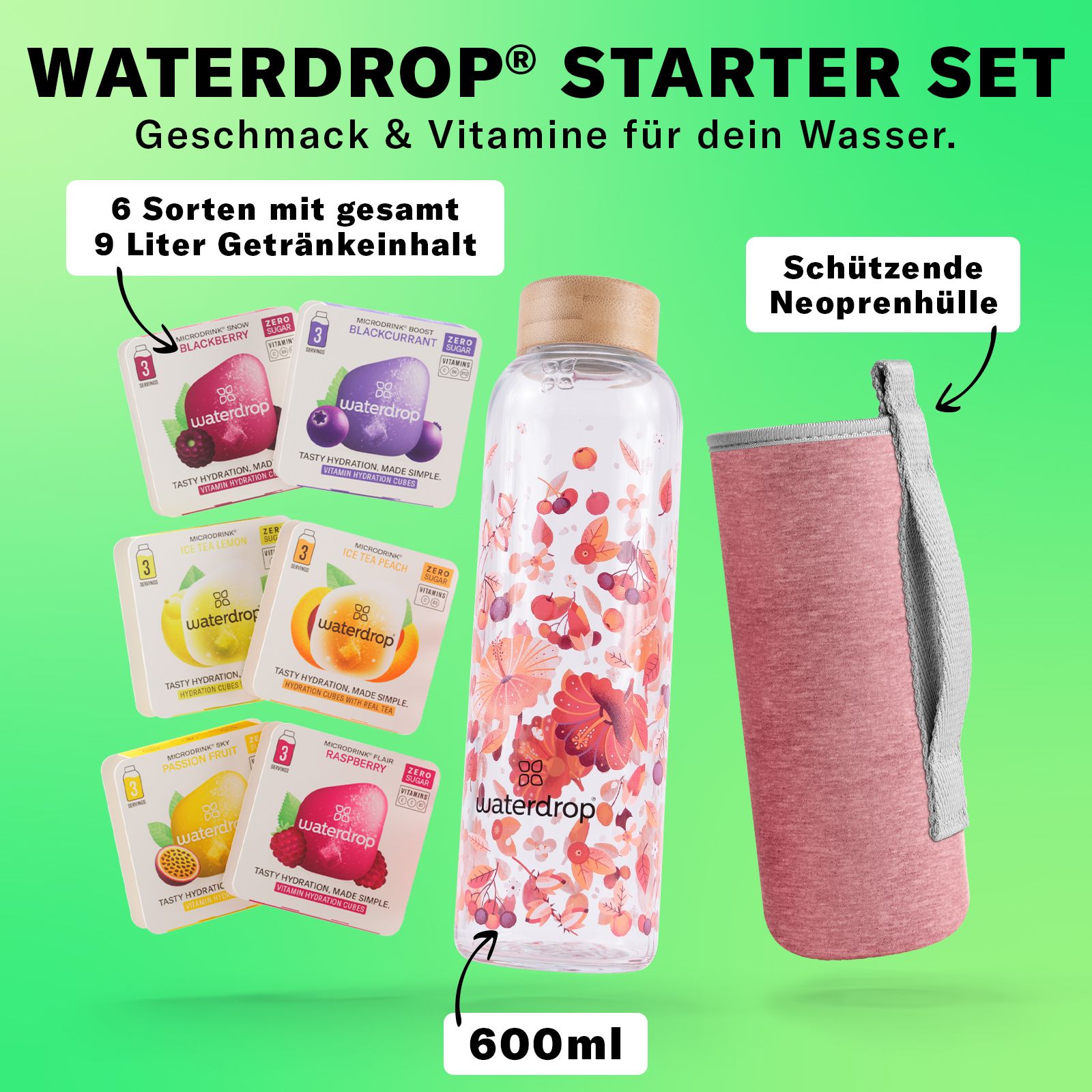 Wasserflasche 600ml mit Blumenmuster, sechs Geschmackspackungen und Schutzhülle.