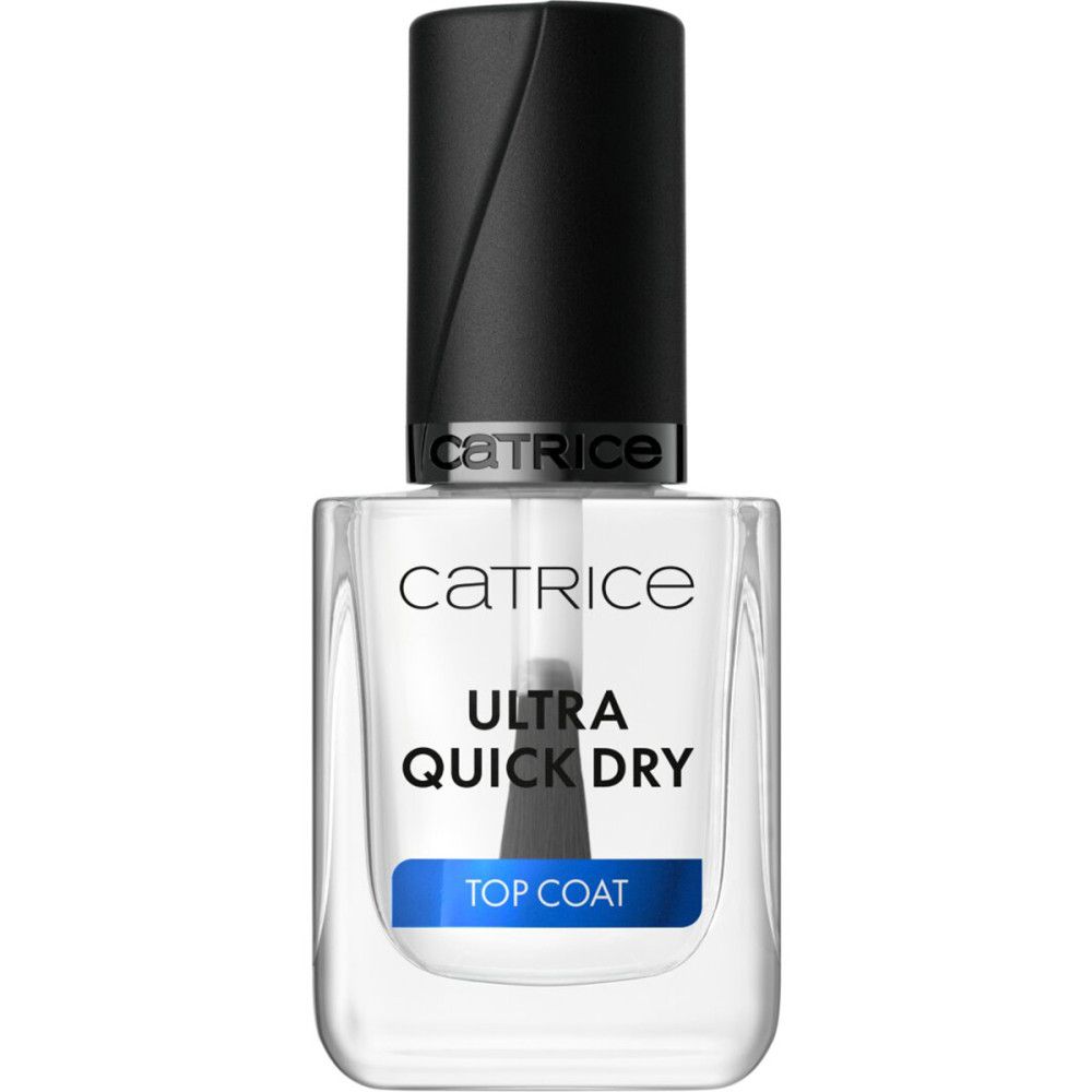 Klare Nagellackflasche mit schwarzem Deckel. Aufschrift: CATRICE, ULTRA QUICK DRY, TOP COAT.