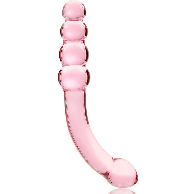 Rosa Dildo aus Borosilikatglas. Gebogene Form mit vier kugelförmigen Elementen. Auf weißem Hintergrund.