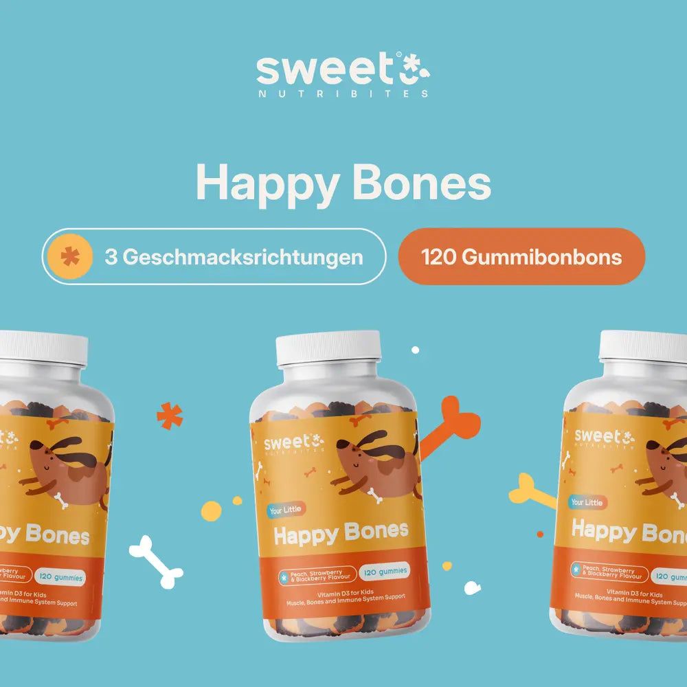 Drei Flaschen Happy Bones Gummibärchen. Auf dem Etikett steht "120 Gummibonbons". Hintergrund blau.