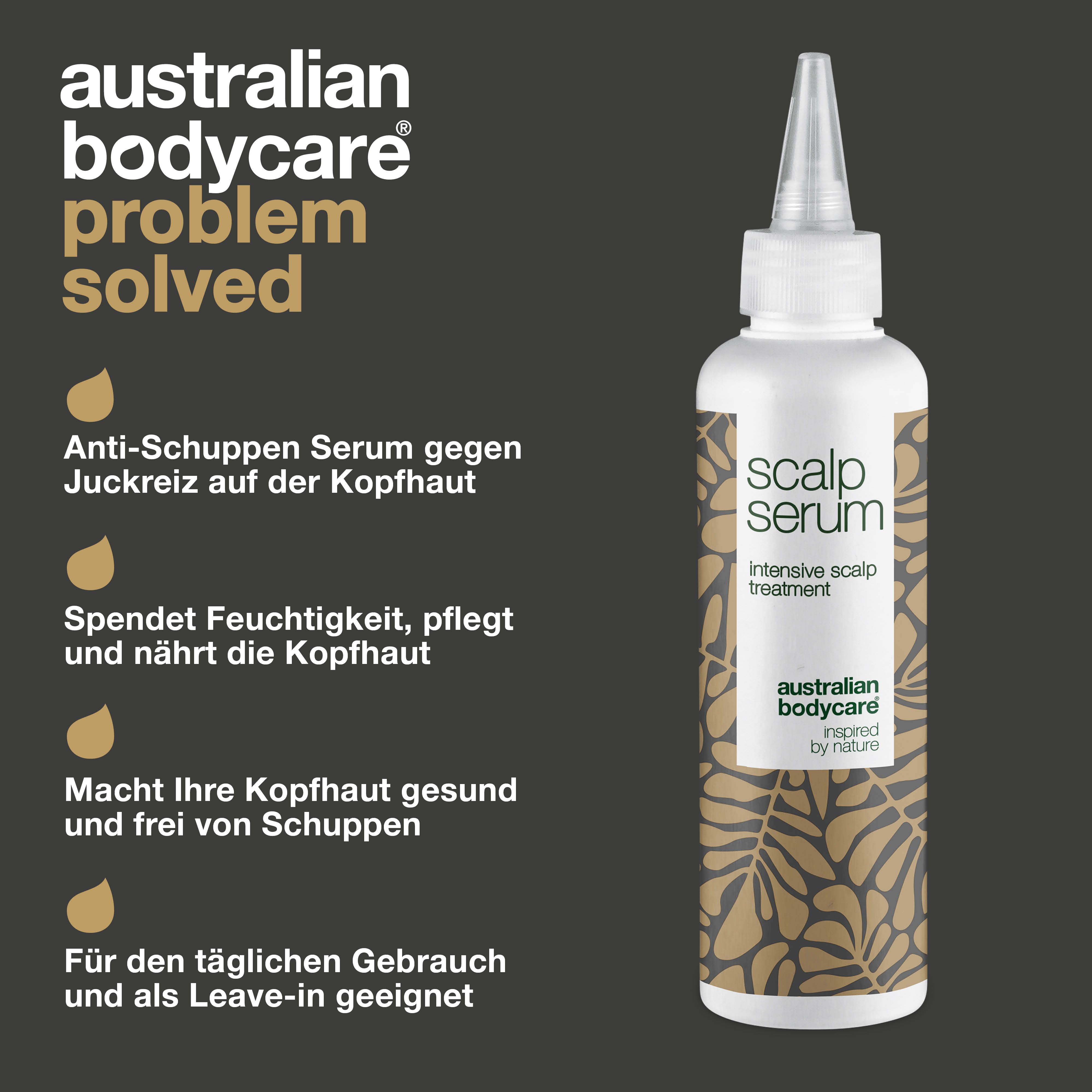 Produkt mit Text. Aufschrift: Scalp Serum. Logo: Australian Bodycare. Text über Vorteile.