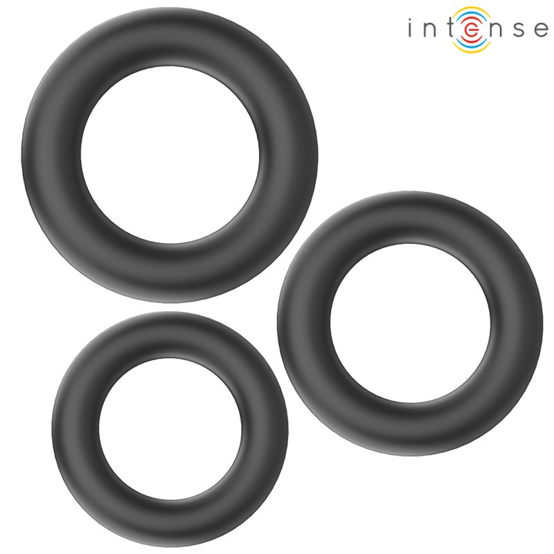 Drei schwarze Penisringe unterschiedlicher Größe. Das Logo "Intense" ist oben rechts.