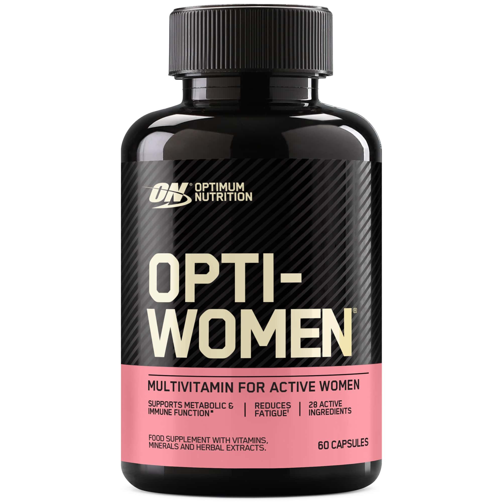 Schwarze Flasche mit Kapseln. Aufschrift: OPTI-WOMEN, Multivitamin für aktive Frauen. 60 Kapseln.