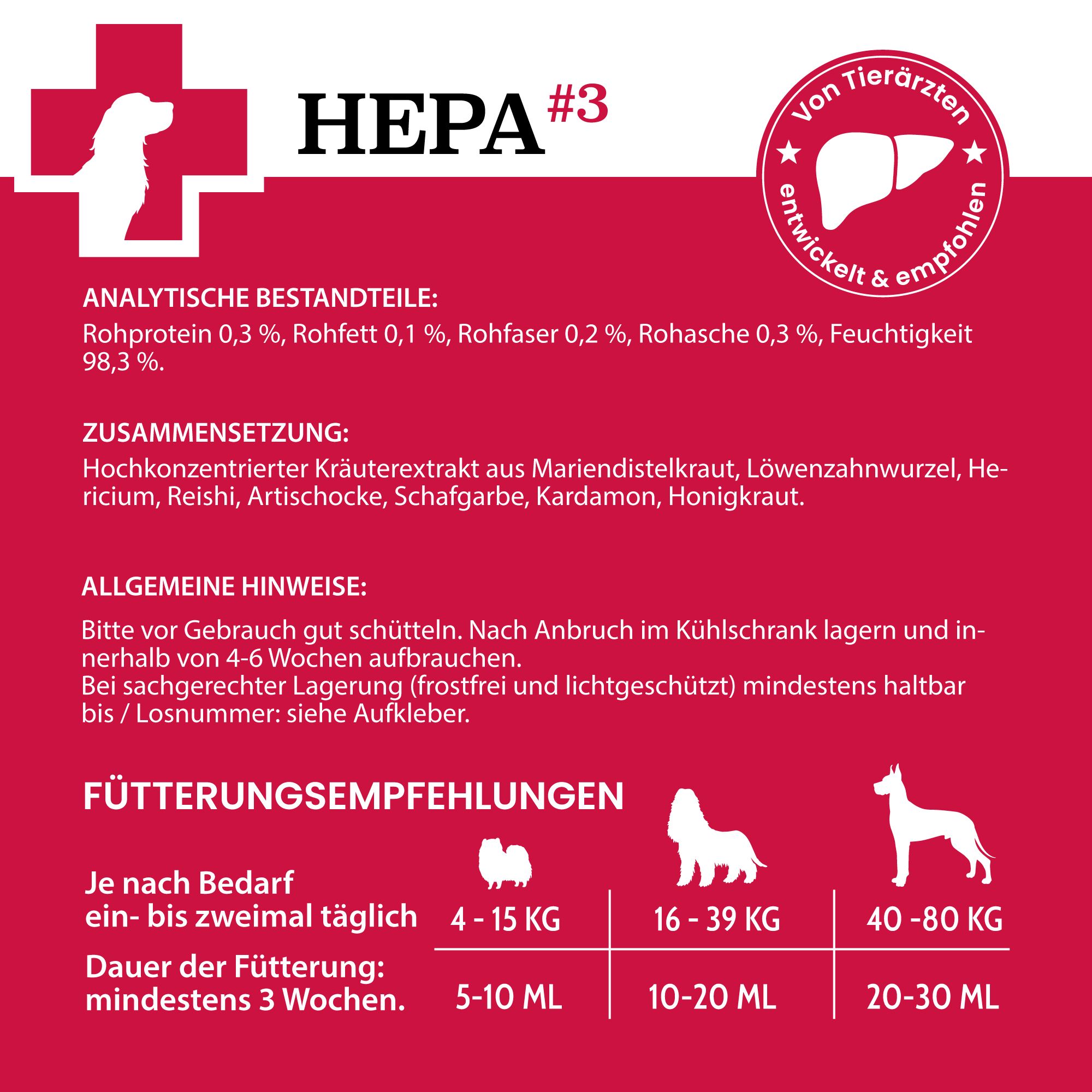 Rotes Etikett mit analytischen Bestandteilen, Zusammensetzung, allgemeinen Hinweisen und Fütterungsempfehlungen. HEPA #3.