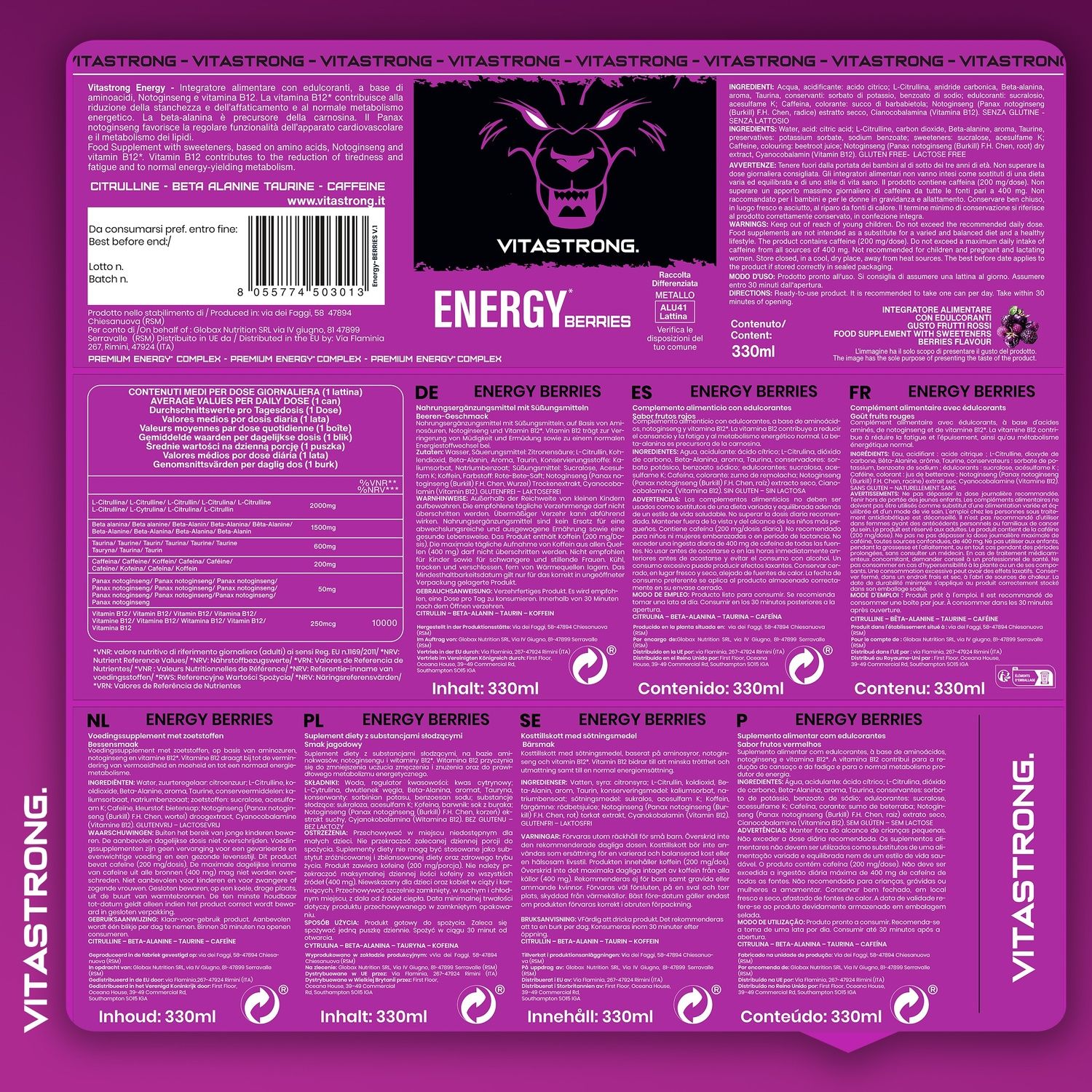 Rückseite der Vitastrong Energy Berries Verpackung. Inhaltsstoffe, Nährwertangaben, Text in mehreren Sprachen.