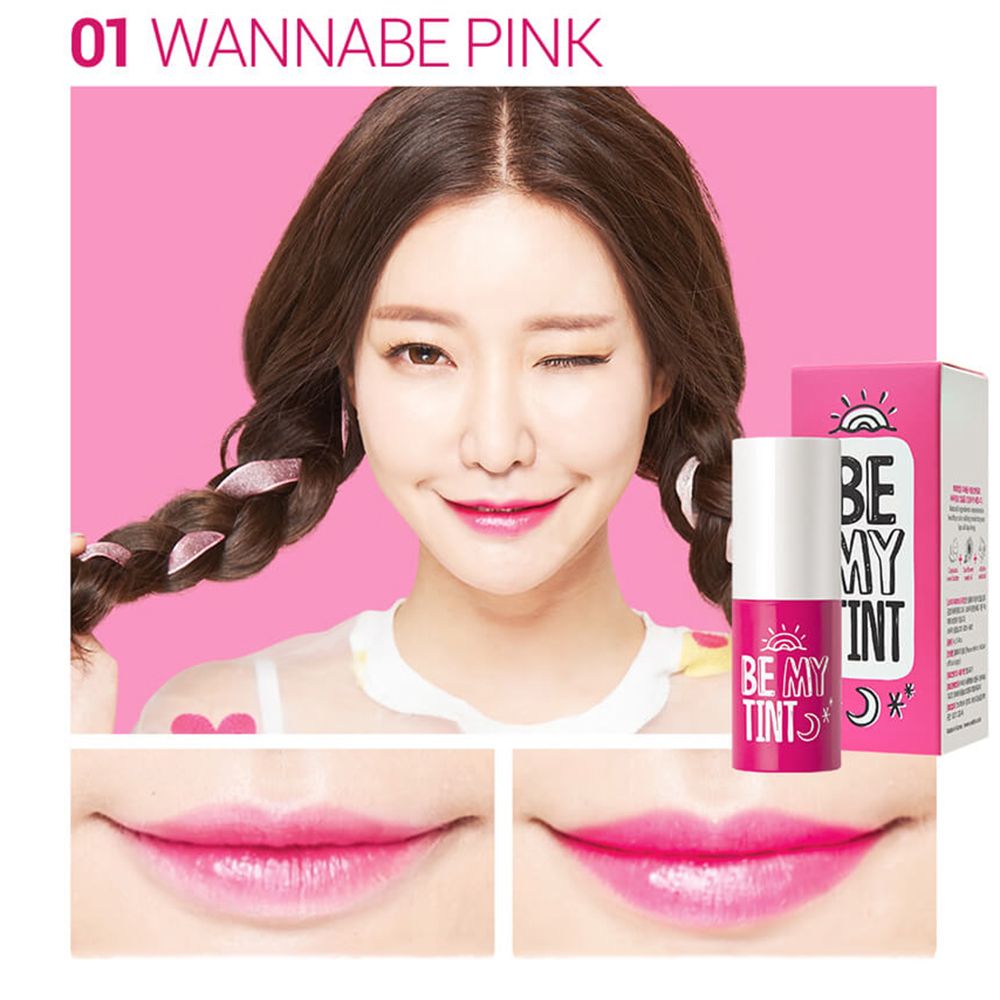 Frau mit rosa Lippenfarbe. Produkt und Verpackung im Bild. Aufschrift: BE MY TINT. Zusätzliche Lippenbilder.