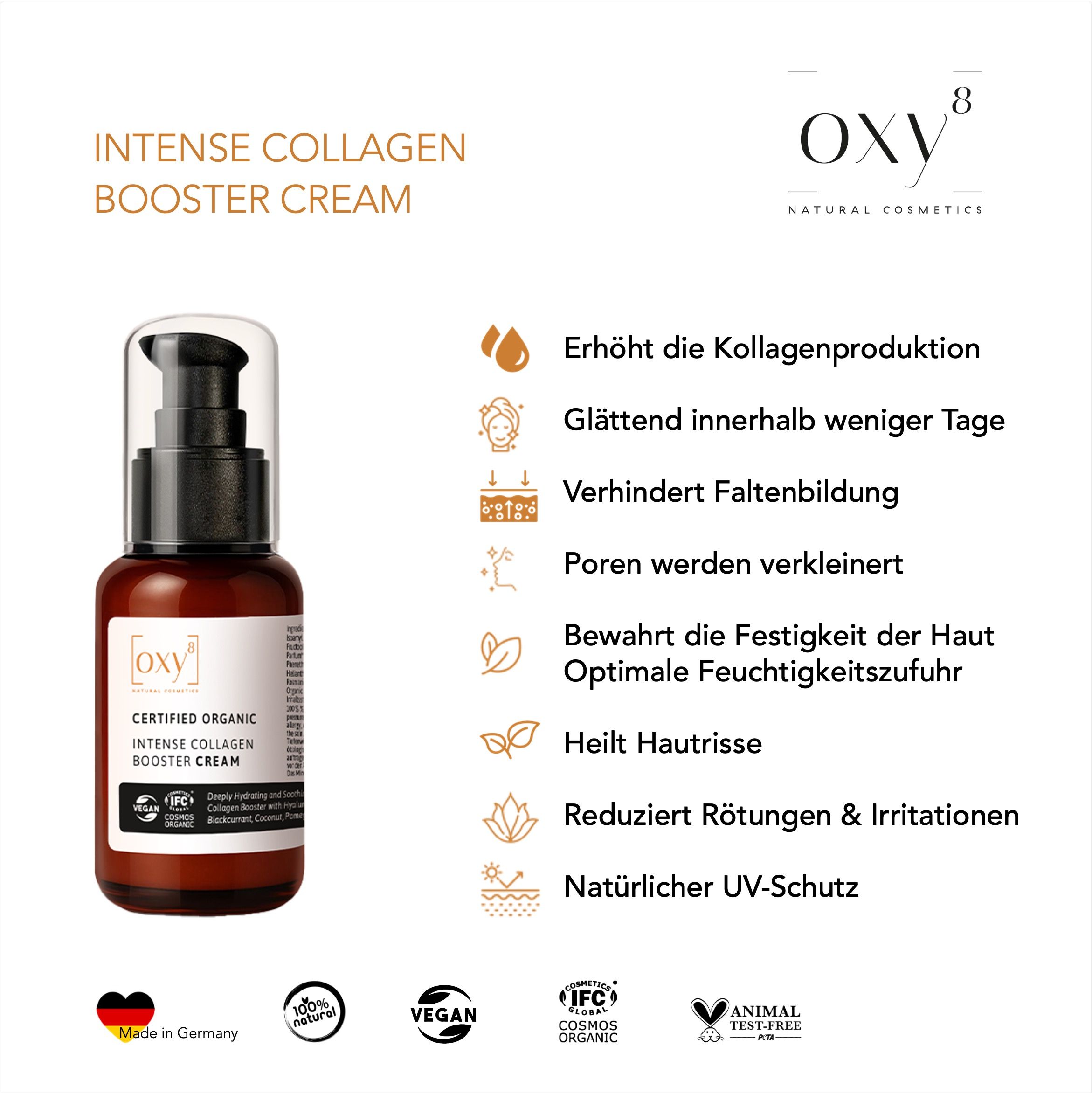 Produktflasche mit Text: Intense Collagen Booster Cream. Logos: Vegan, IFC Cosmos Organic, Animal Test-Free.