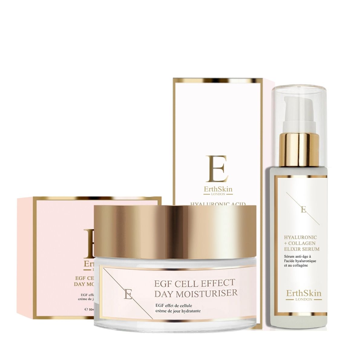 Creme und Serum von ErthSkin. Tagesfeuchtigkeitscreme und Hyaluronsäure-Kollagen-Serum mit Verpackung.