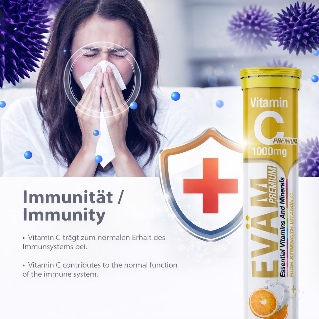 Gelbe Tube mit Vitamin C 1000mg. Frau mit Taschentuch. Text: Immunität/Immunity. Orange und Schutzschild.