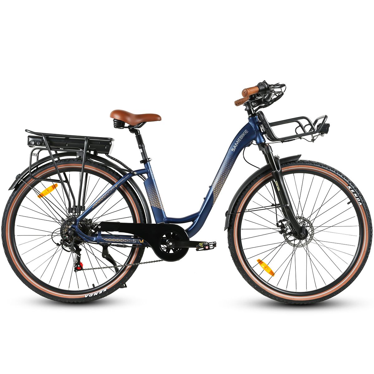 Blaues Elektrofahrrad mit braunem Sattel und Lenker. Korb vorne, Gepäckträger hinten. Schwarze Reifen mit beigen Seiten.