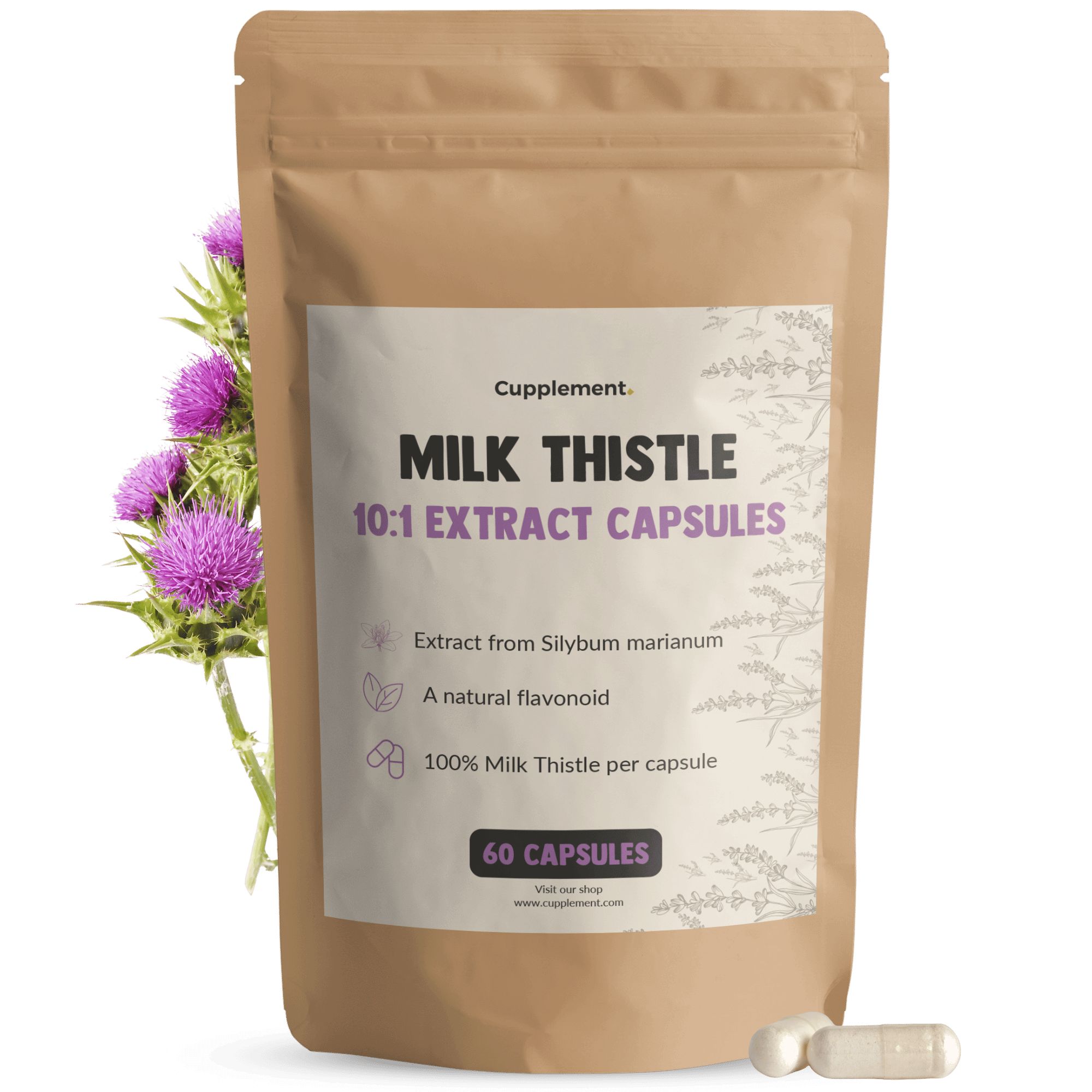 Beutel mit Kapseln. Aufschrift: Milk Thistle 10:1 Extract Capsules. 60 Kapseln. Mariendistelblüte.