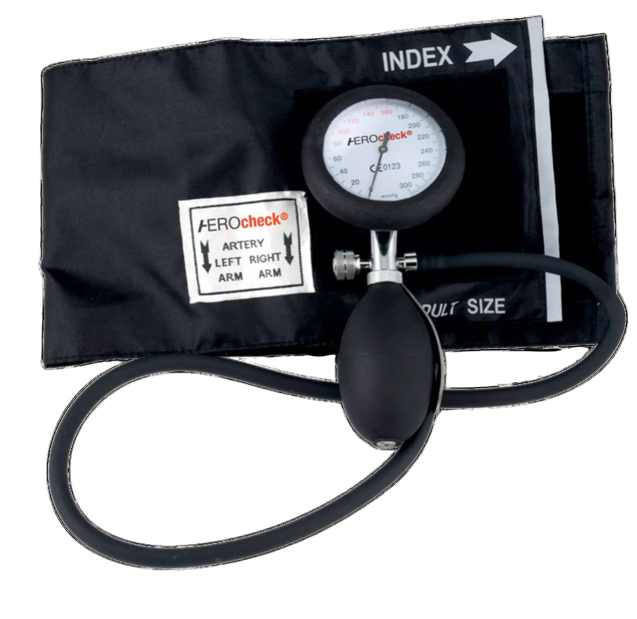Blutdruckmessgerät mit Manschette, Manometer und Pumpe. Manschette schwarz, Manometer mit Skala. Aufdruck: AEROcheck, CE-Zeichen.