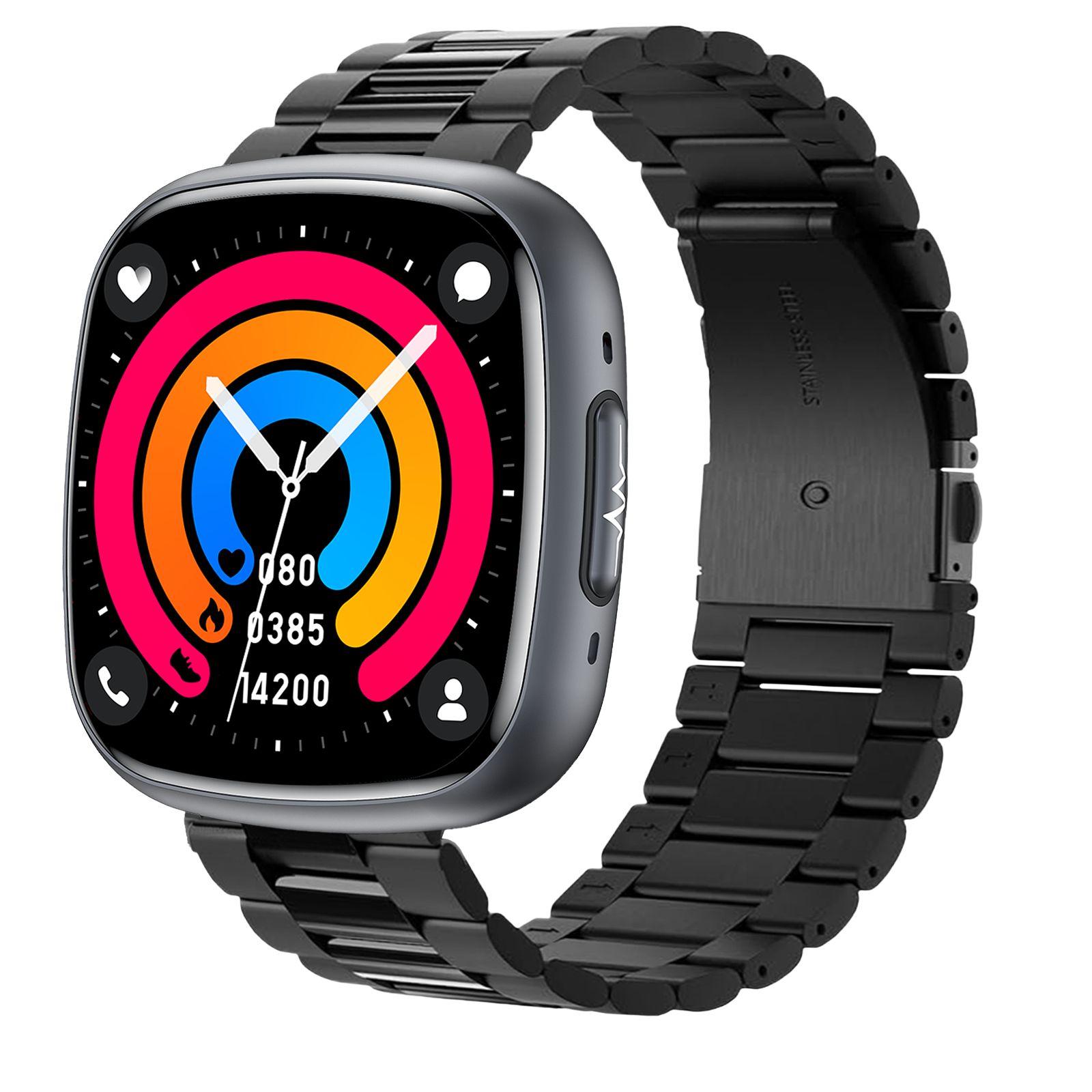 Schwarz-graue Smartwatch mit Metallarmband. Farbiger Touchscreen mit Gesundheitsdaten. Seitliche Taste.