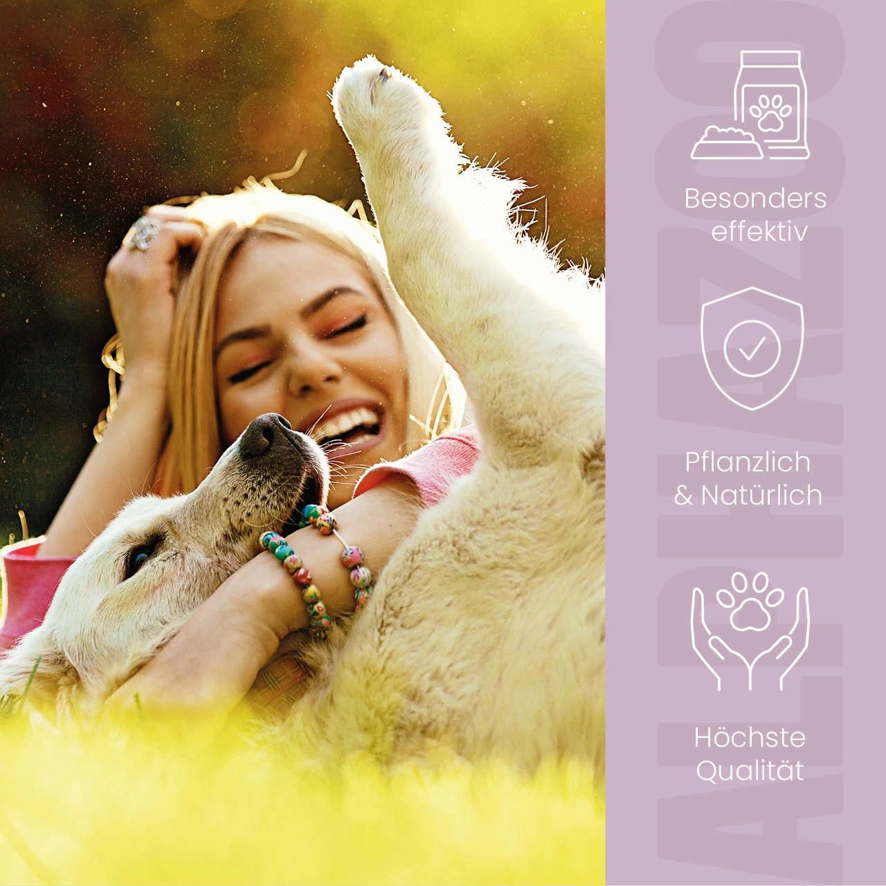 Frau mit Hund im Gras. Icons: Besonders effektiv, Pflanzlich & Natürlich, Höchste Qualität. Lila Hintergrund mit ALPHAZOO Logo.