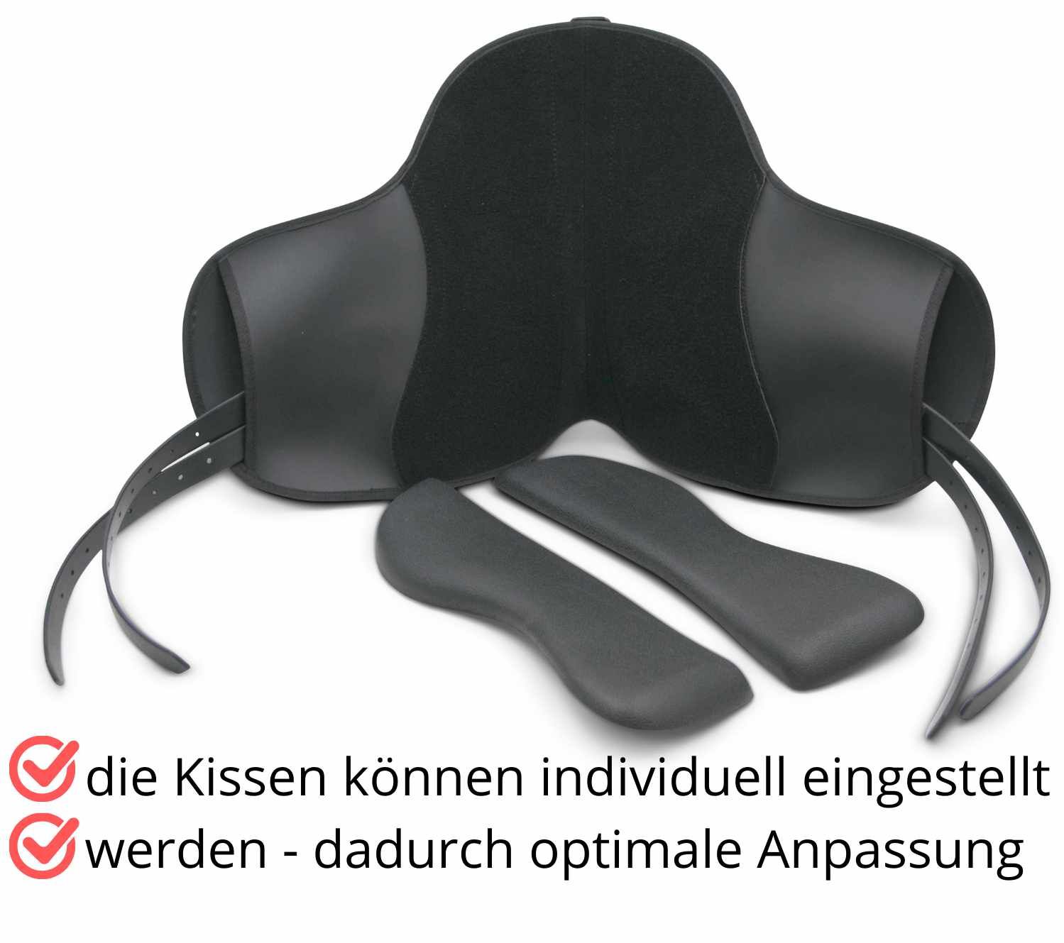 Schwarzes Reitkissen mit zwei zusätzlichen Polstern. Text: 'Die Kissen können individuell eingestellt werden - dadurch optimale Anpassung'.