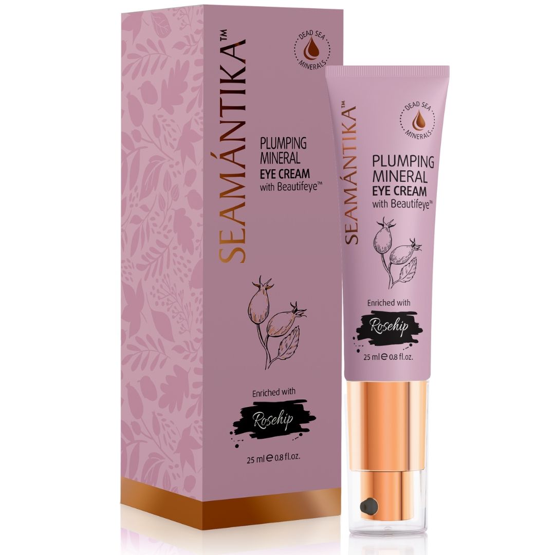 Rosa Augencreme-Tube und Schachtel. Aufschrift: SEAMANTIKA, Plumping Mineral Eye Cream. Mit Rosehip und Dead Sea Minerals.