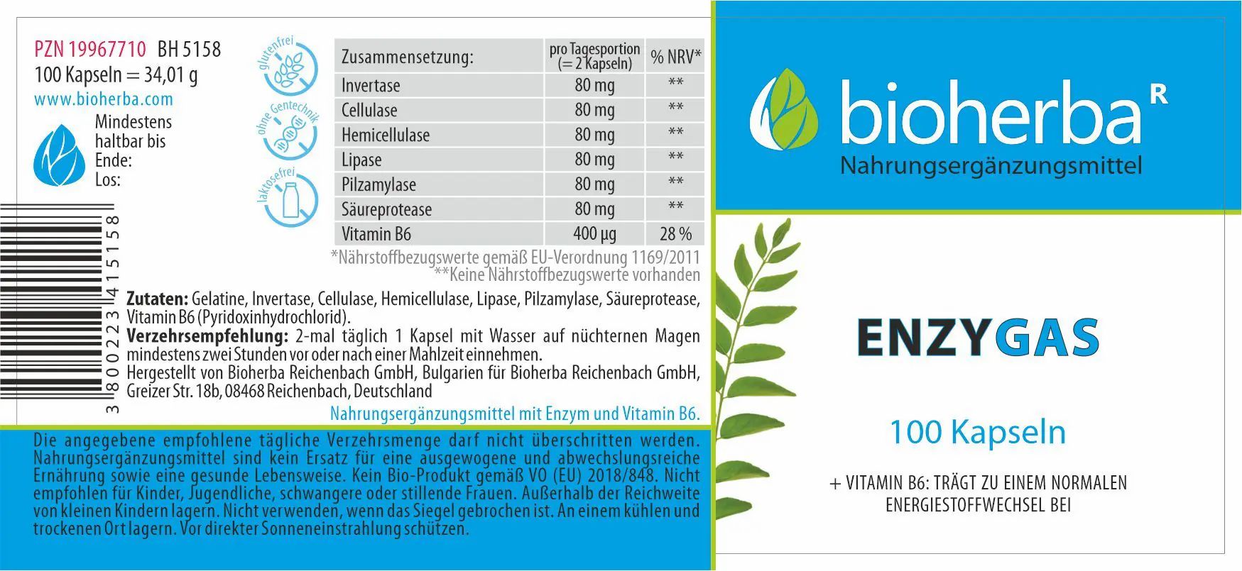 Etikett mit weißer Schrift auf blauem Grund: bioherba, ENZYGAS, 100 Kapseln. Enthält Vitamin B6. Inhaltsstoffe und Verzehrempfehlung.