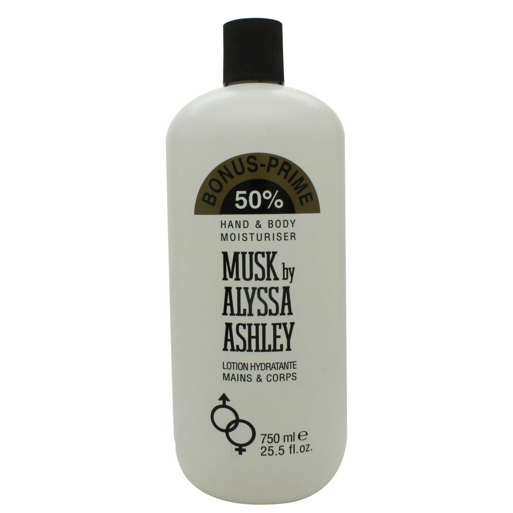 Weißer Flakon mit schwarzem Deckel. Aufschrift: Musk by Alyssa Ashley, Hand & Body Moisturiser. 750 ml.