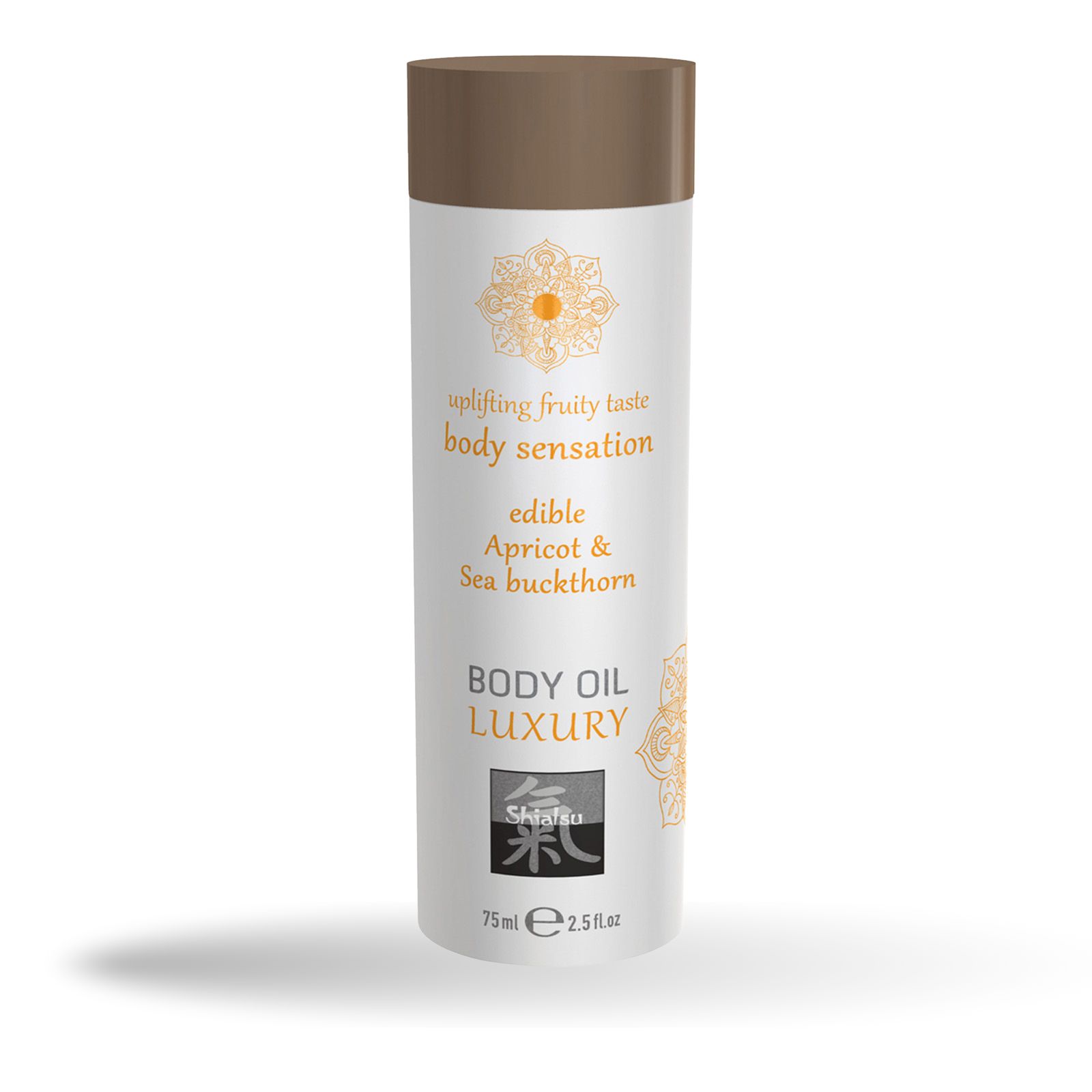 Körperöl-Flasche mit braunem Deckel. Text: "Body Oil Luxury", "edible Apricot & Sea buckthorn". Logo: Shiatsu.