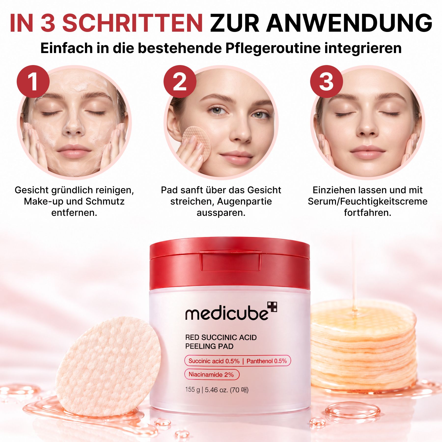 Medicube BHA, AHA SUCCINIC ACID Reinigungspads Gesichtspeeling mit Niacinamide Panthenol