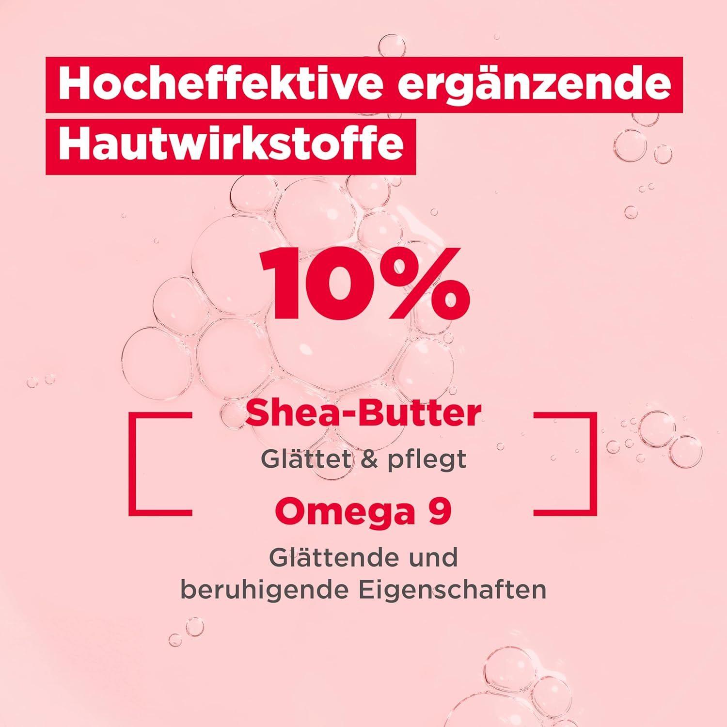 Roter Hintergrund mit Text: Hocheffektive ergänzende Hautwirkstoffe. 10% Shea-Butter, pflegt. Omega 9, glättende und beruhigende Eigenschaften.