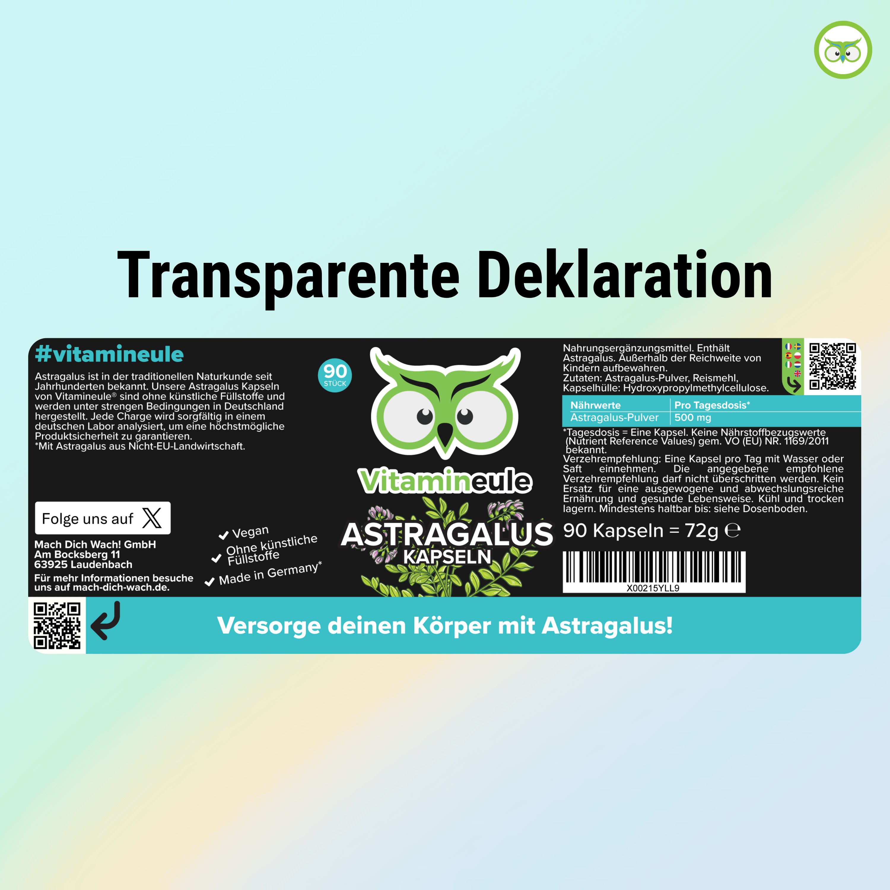 Etikett der Astragalus Kapseln von Vitamineule®. Enthält Informationen zu Inhaltsstoffen, Nährwerten und Dosierung. 90 Kapseln, 72g.