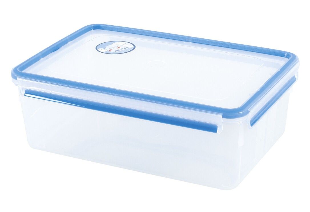 Rechteckige Frischhaltedose mit blauem Deckel und Verschluss. Transparenter Behälter mit blauem Rahmen.