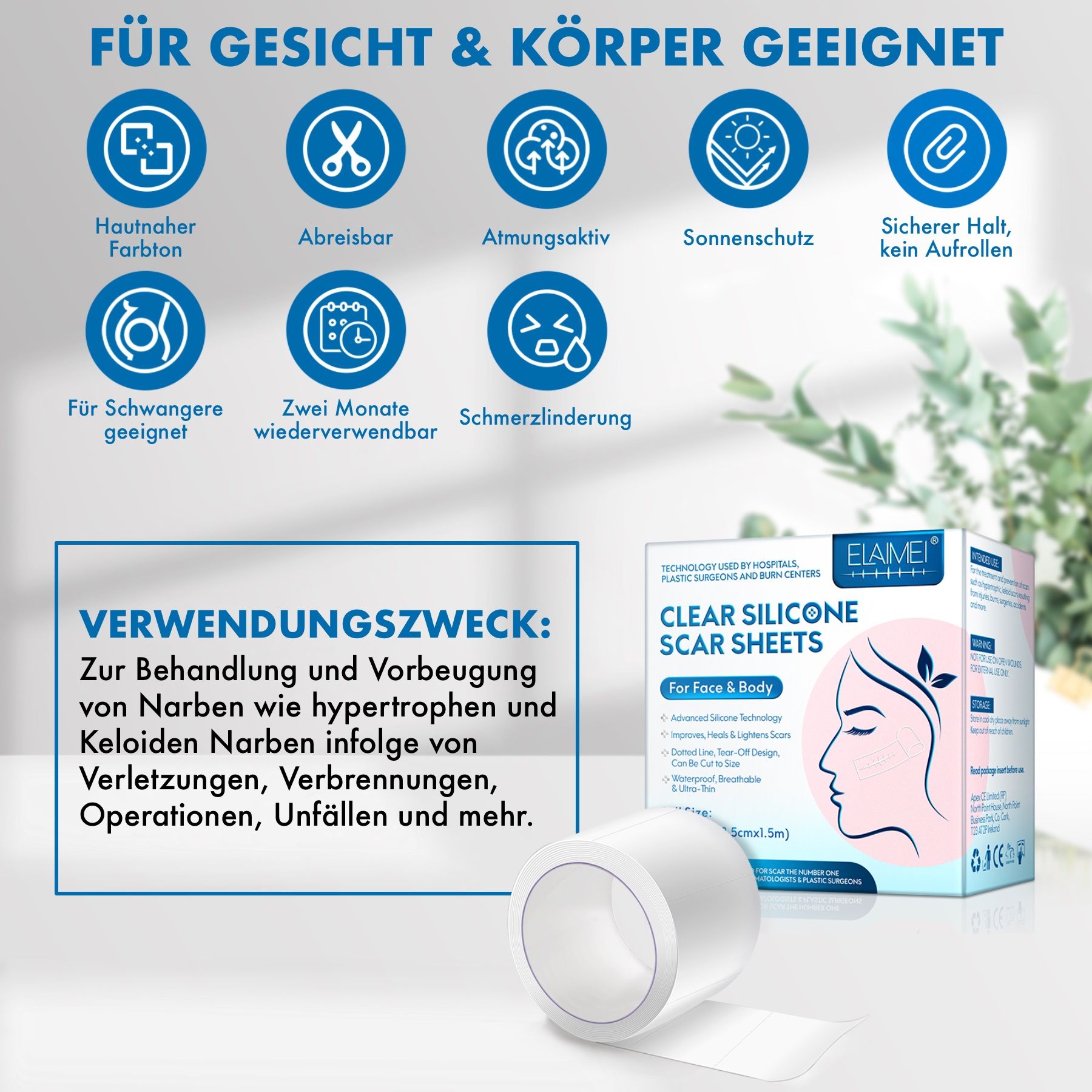Produktrolle und Verpackung. Text: Für Gesicht & Körper geeignet. ELAIMEI Clear Silicone Scar Sheets. Text: Verwendung.