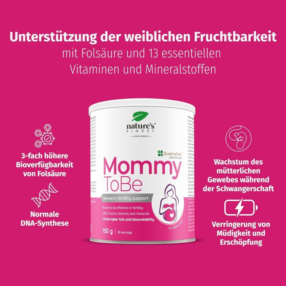 Dose Nature's Finest Mommy ToBe. Rosa-weißes Design. Text: Unterstützung der weiblichen Fruchtbarkeit. Mit Illustrationen.
