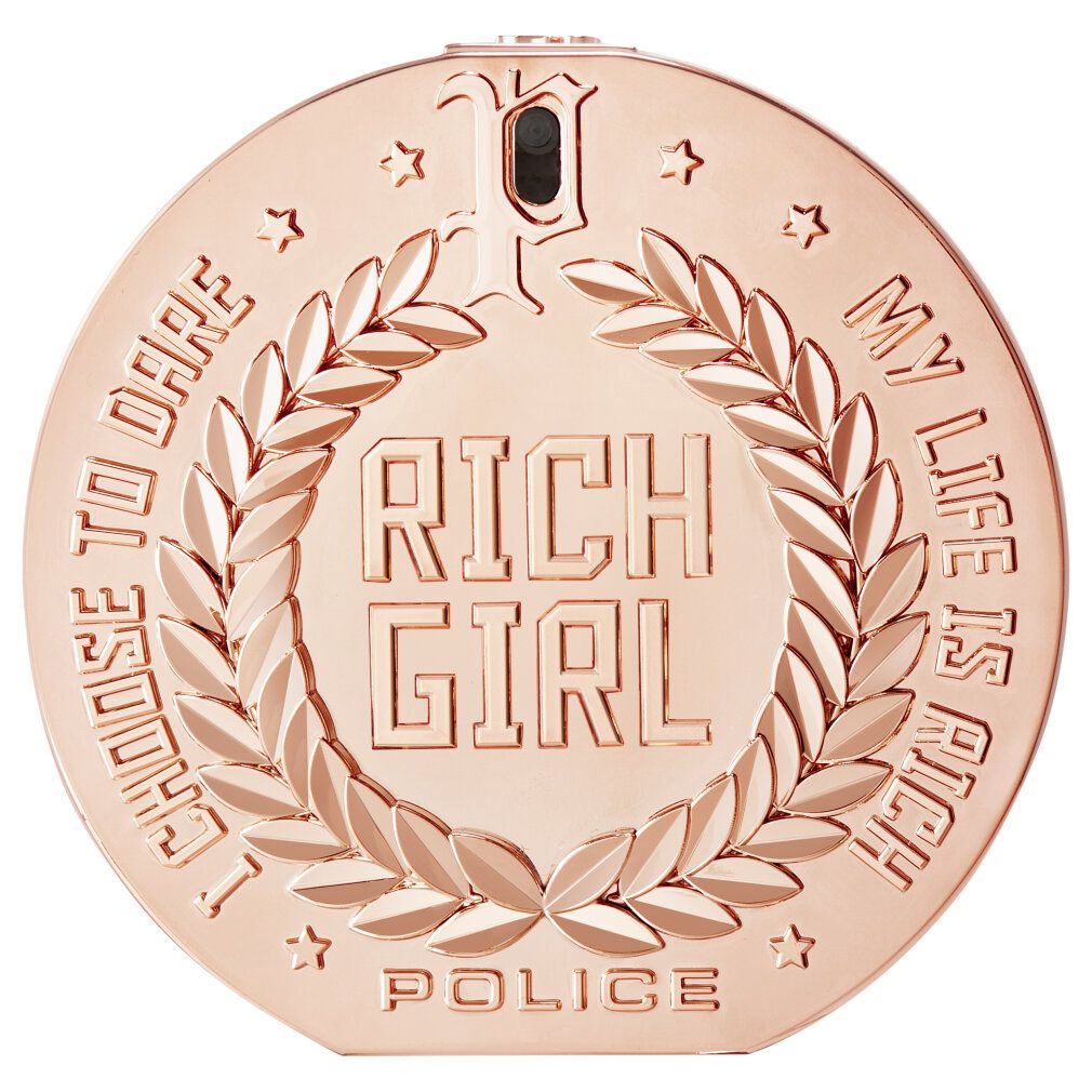 Runder, roségoldfarbener Flakon. Aufschrift "RICH GIRL" in Lorbeerkranz. Umrandet von Text: "I CHOOSE TO DARE, MY LIFE IS RICH, POLICE".
