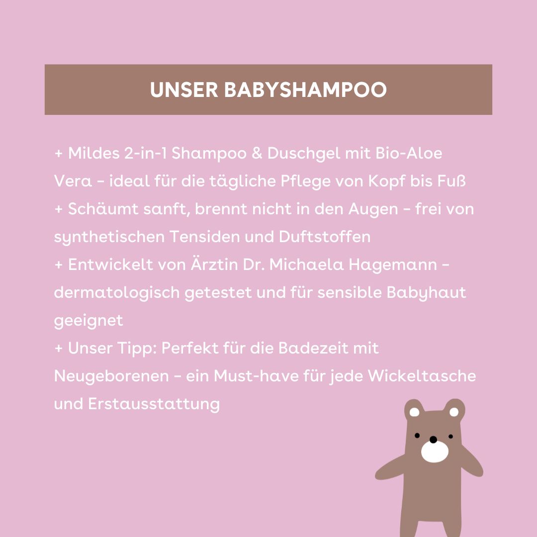 Text auf rosa Hintergrund: "UNSER BABYSHAMPOO". Auflistung von Eigenschaften.
