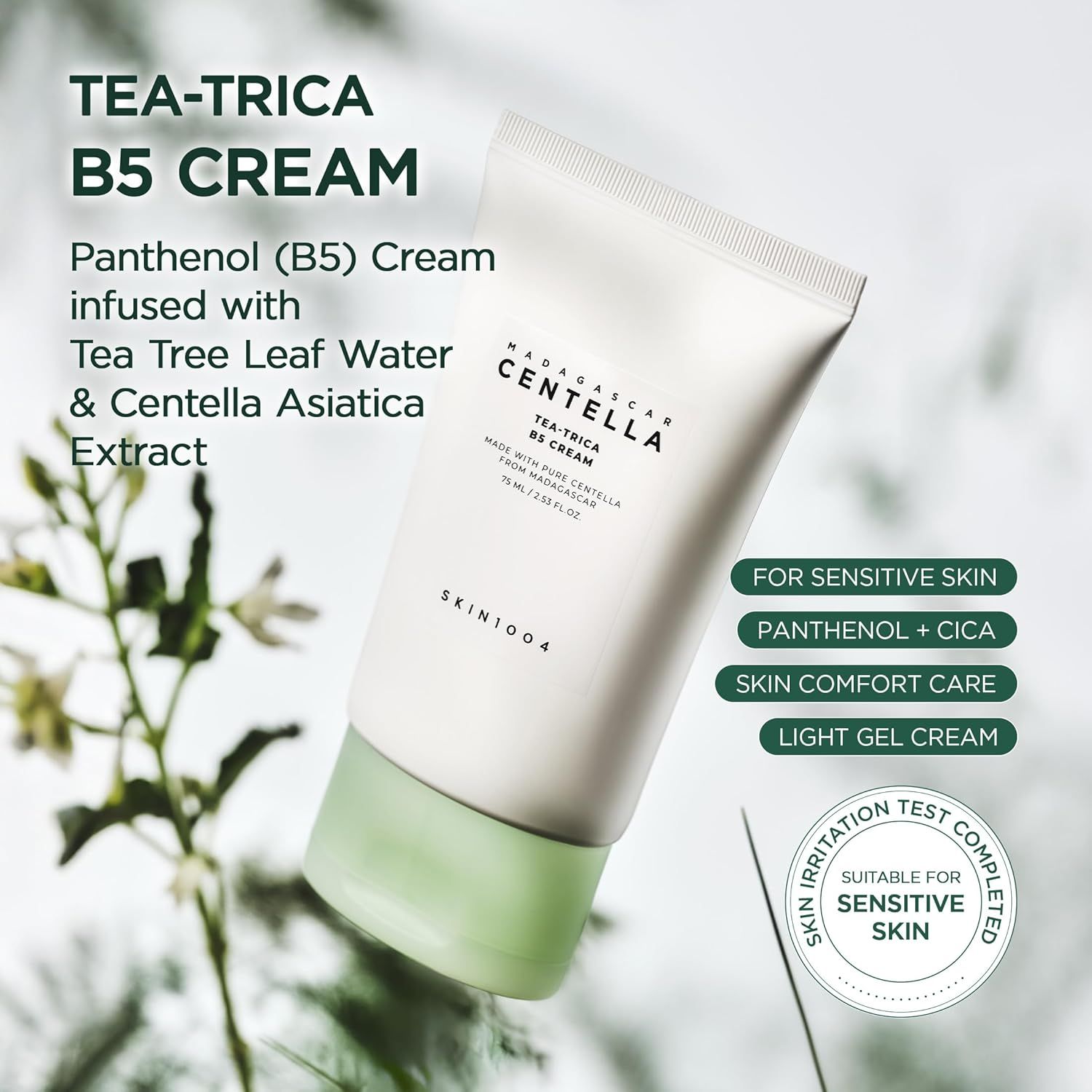 Creme-Tube mit grüner Kappe. Text: Tea-Trica B5 Cream, SKIN1004. Für empfindliche Haut. Getestet.