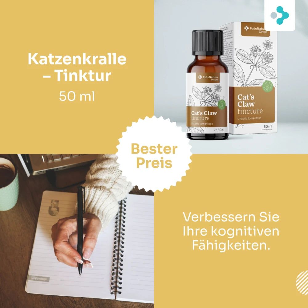 Katzenkralle Tinktur, 50 ml, mit Text über kognitive Fähigkeiten.