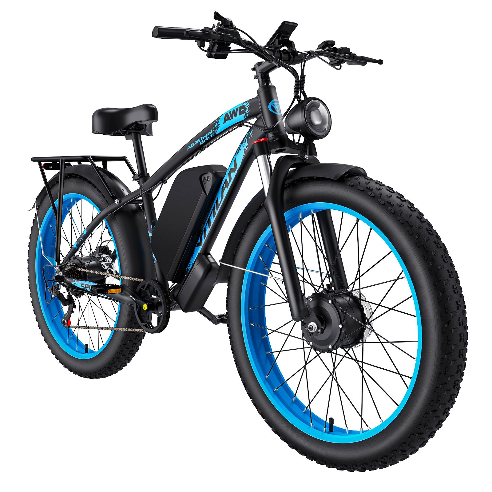 Schwarzes E-Bike mit blauen Felgen. Marke Vitilan. Gepäckträger und Scheinwerfer sind sichtbar.
