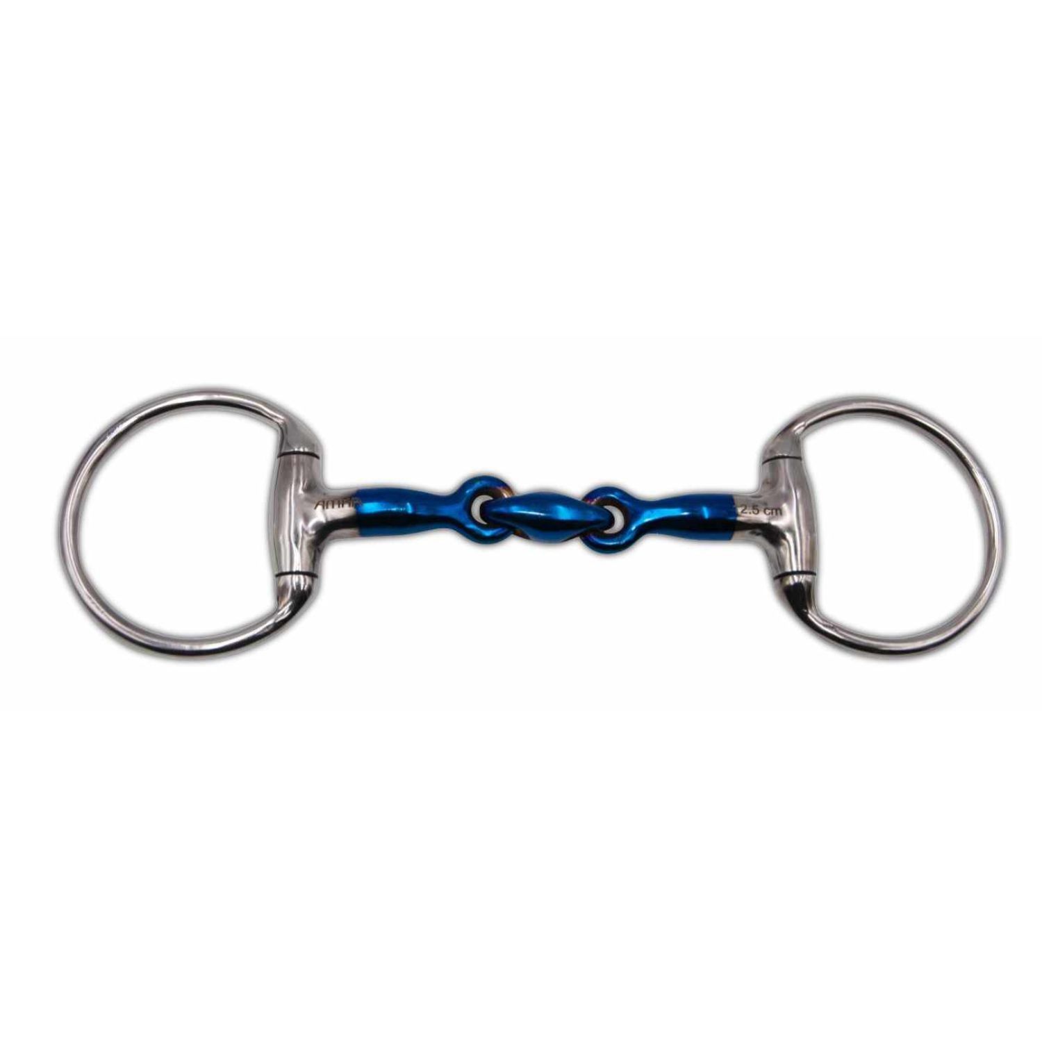 Doppelt gebrochene Trense mit blauem Mittelstück. Ringe und Verbindungen aus Metall.