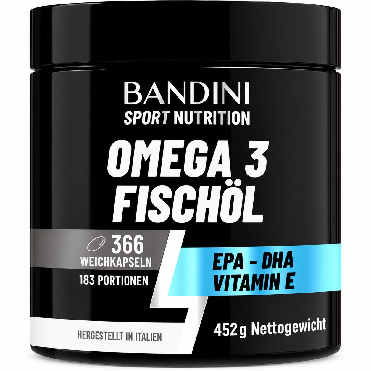Bandini Omega 3 Fischöl Dose mit 366 Weichkapseln, EPA-DHA, Vitamin E. 452g Nettogewicht. Hergestellt in Italien.