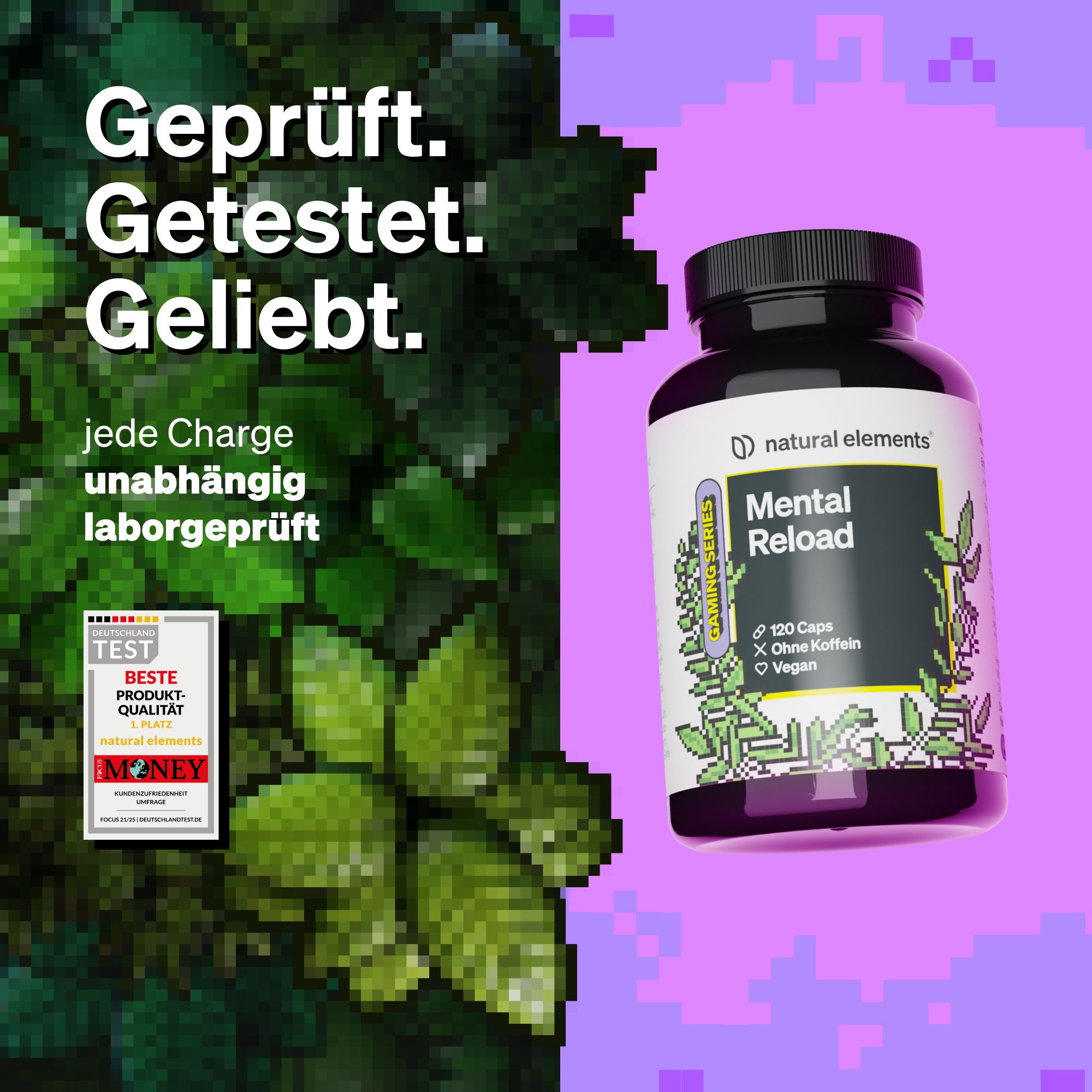 Flasche Mental Reload mit Prüfzeichen. Aufschrift: 120 Caps, ohne Koffein, vegan. Marke: natural elements.