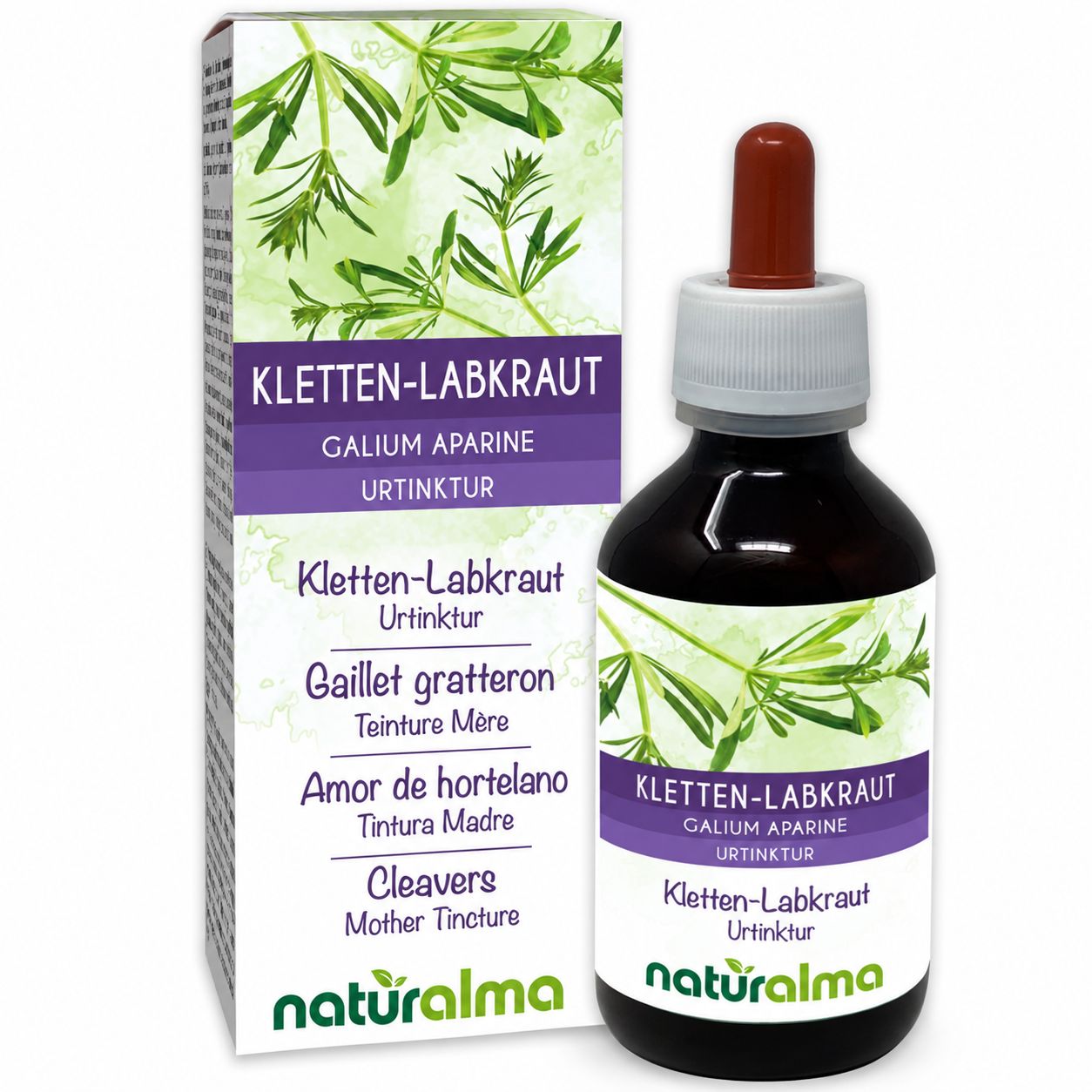 Flasche Kletten-Labkraut Urtinktur von Naturalma mit Pipette.