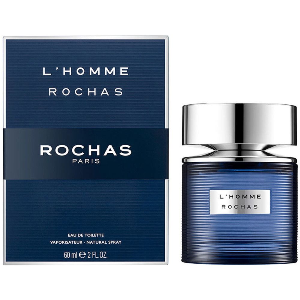 Blauer Flakon und Verpackung. Aufschrift: L'HOMME ROCHAS, ROCHAS PARIS. Eau de Toilette, 60ml 2 FL.OZ.